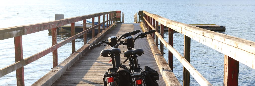 Two eBikes look out to the ocean.