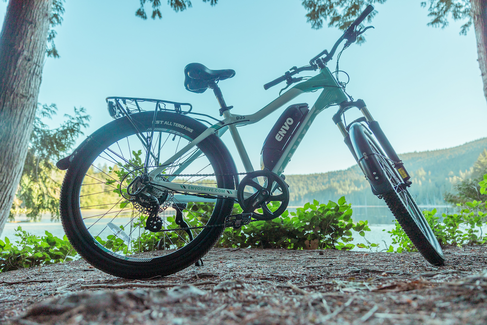 eBike for rent on bowen island sat in front of Killarney Lake.