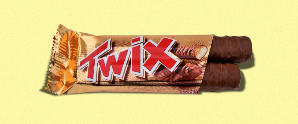 a pair of Twix bars, humorously represents the advice that children walking in pairs is safe enough.