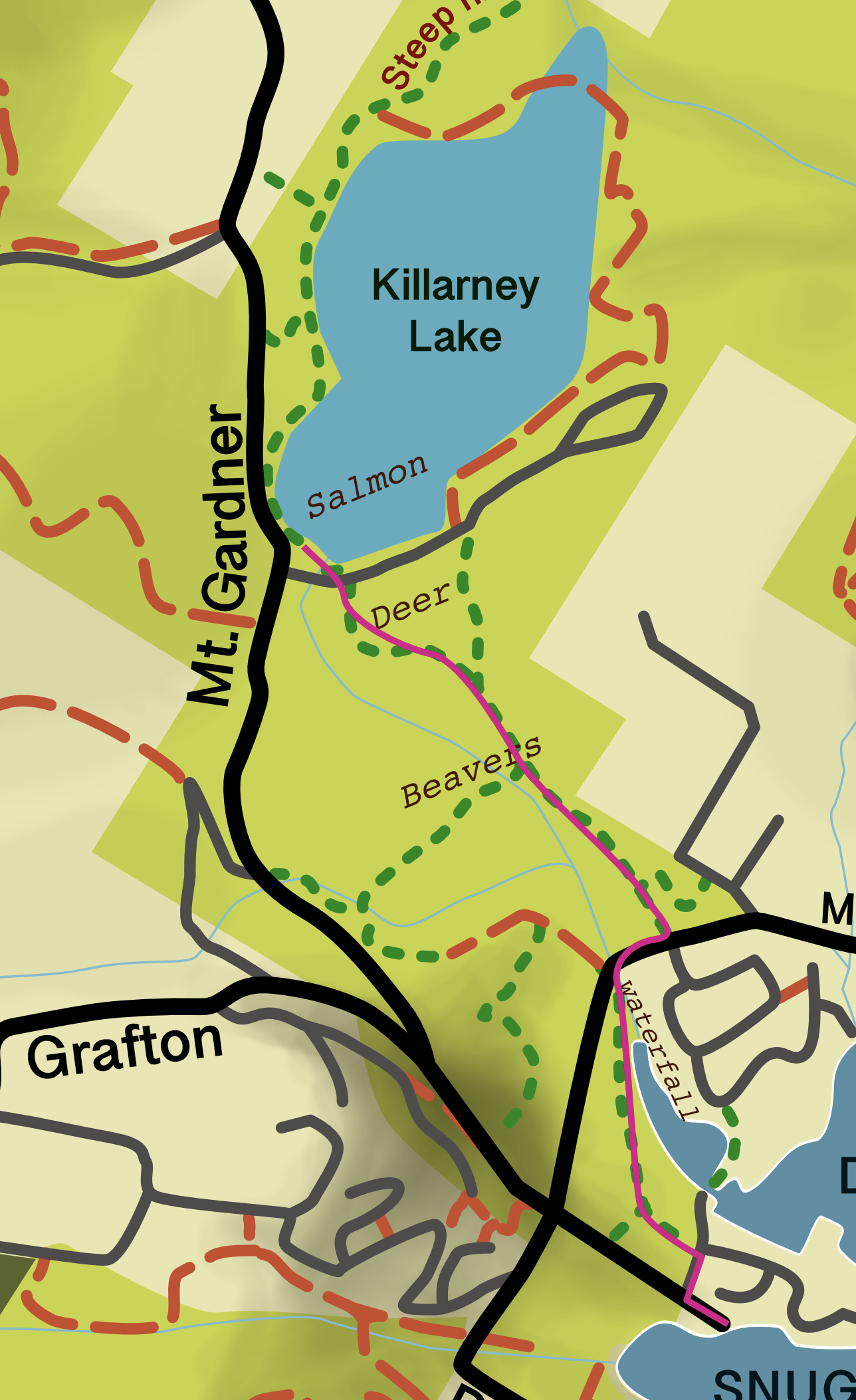 Map leading from Snug Cove to Killarney Lake by the flattest possible route.