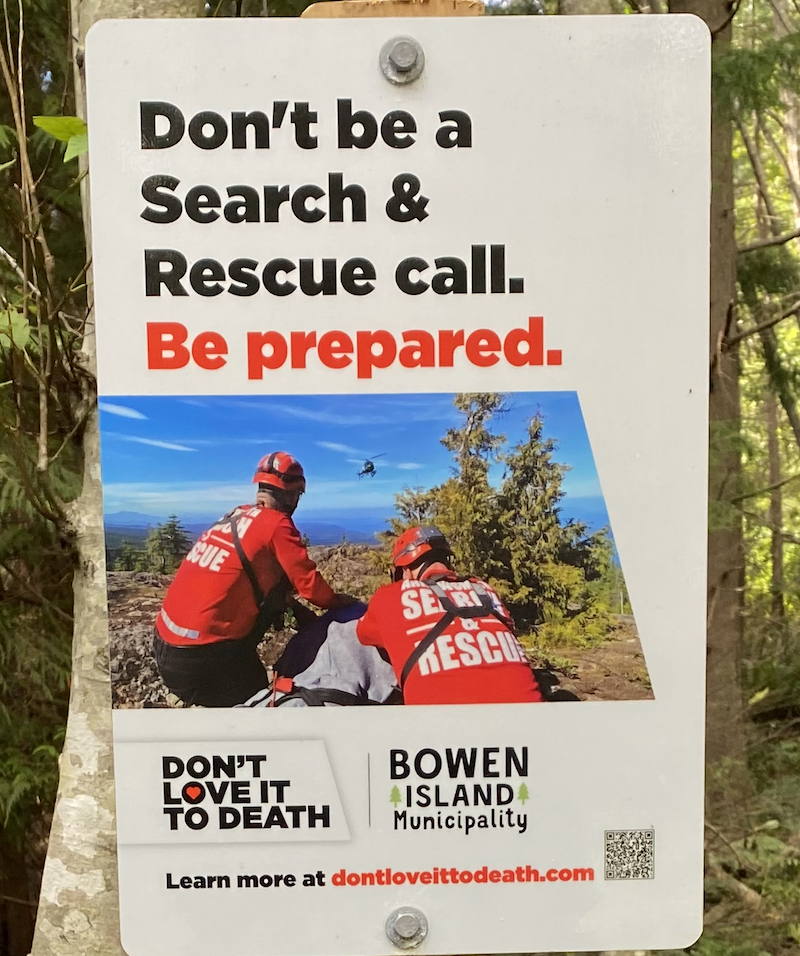 Search and rescue sign placed on Mount Gardner warning hikers to Be Prepared.