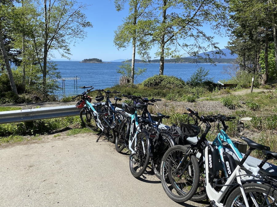 Bike group visiting the cape, all parked along the side railing.