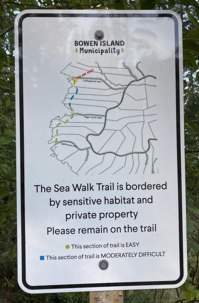 The Sea Walk Hike on Bowen Island map showing the trail from Collingwood Lane to Roger Curtis Lane to Lighthouse Lane.