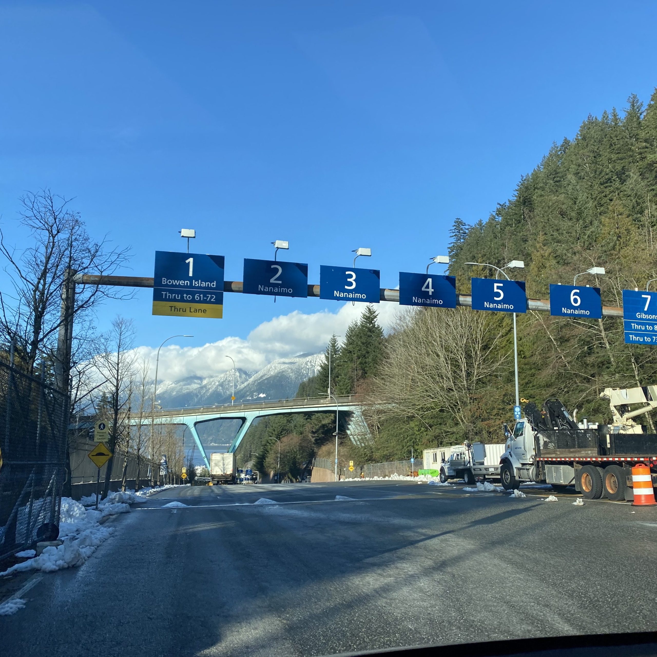 How to get to bowen island by car, signs overhead at the Horseshoe Bay Ferry Terminal