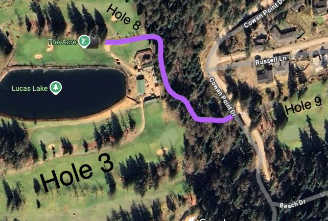 The purple line from Cowan Point Drive, shows the cart path going to "The Acre" or the Tim Kerr Performance Centre. Text highlights hole 8, hole 9 and hole 3 on Bowen Island Golf Course.