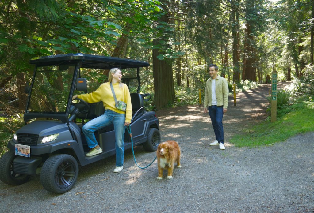 Golf Cart Rental, Low Speed Rental takes couple and their dog on an exploration of Bowen Island. A great thing to do on Bowen Island is visit Cape Roger Curtis