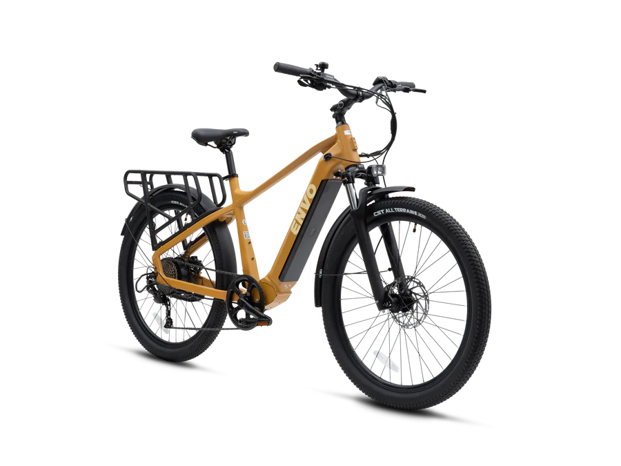 ENVO D50 is an e-bike that functions as a commuter and cargo carrier. Its rugged frame coupled with suspension fork allows for smooth rides on any terrain. Powered by a 750W motor, the bike's cargo rack and basket can easily transport tools, groceries, or even second passenger.