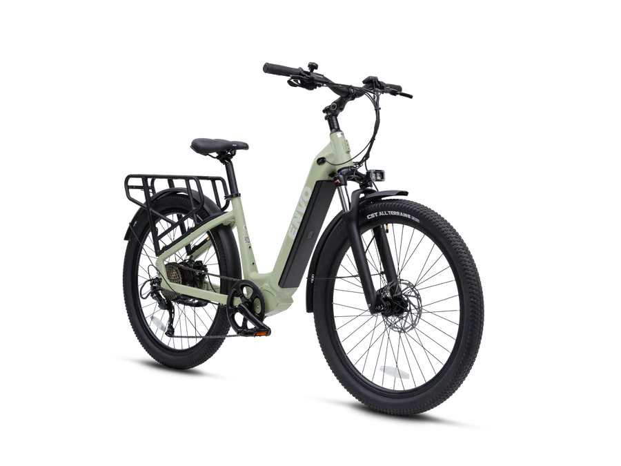 ENVO ST50 is an e-bike that functions as a commuter and cargo carrier. Its rugged frame coupled with suspension fork allows for smooth rides on any terrain. Powered by a 750W motor, the bike's cargo rack and basket can easily transport tools, groceries, or even second passenger.