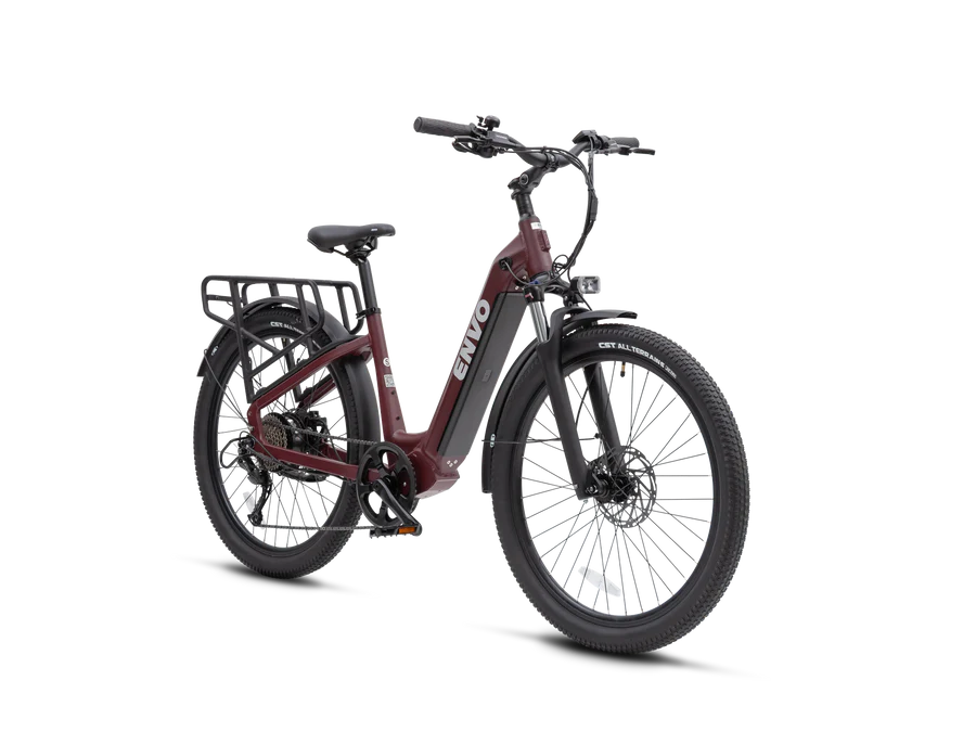 ENVO ST50 is an e-bike that functions as a commuter and cargo carrier. Its rugged frame coupled with suspension fork allows for smooth rides on any terrain. Powered by a 750W motor, the bike's cargo rack and basket can easily transport tools, groceries, or even second passenger.