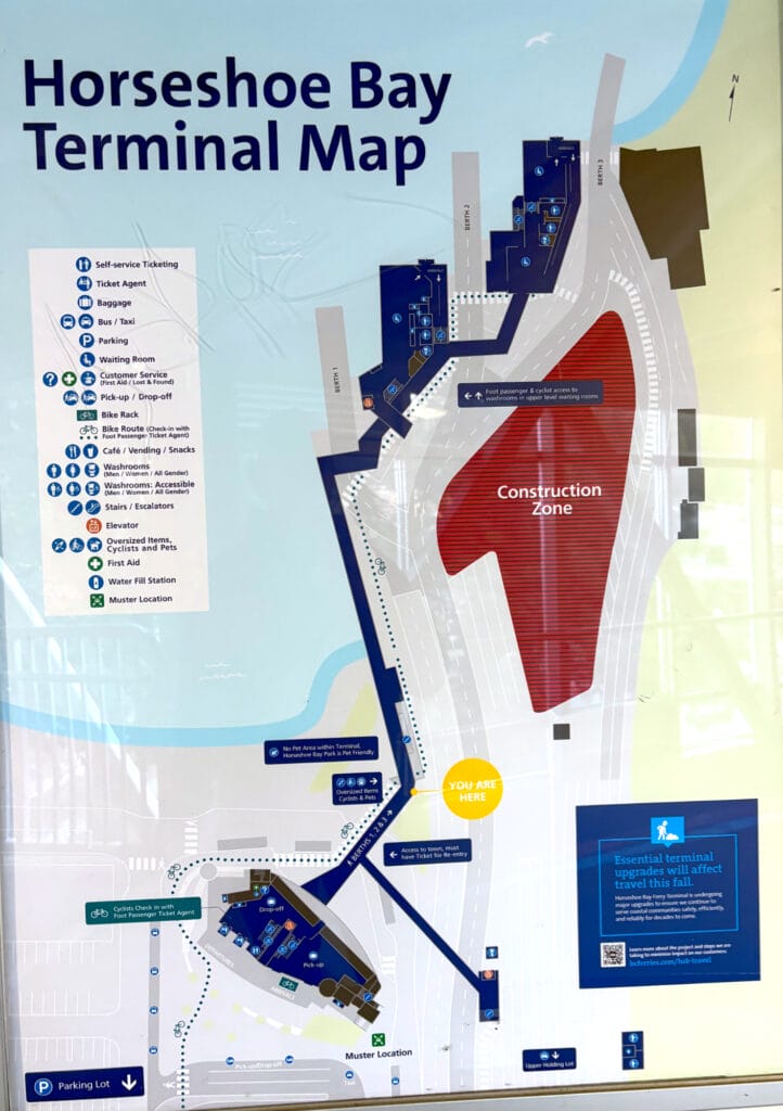 Horseshoe Bay Ferry Terminal Map. You'll see the massive construction zone going on the right side of the map. This is why we are lining up in lane 2 for the Bowen Island Ferry.
